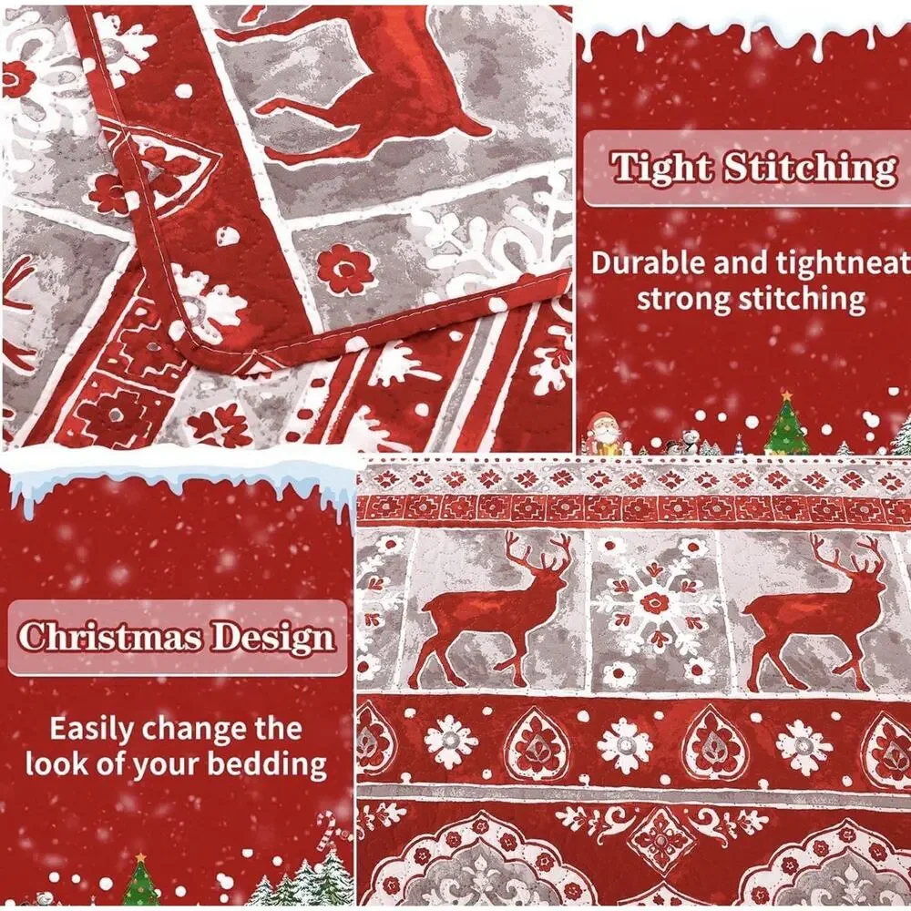 3 Pcs Red Gray Christmas Reindeer Bedding Quilt Set King